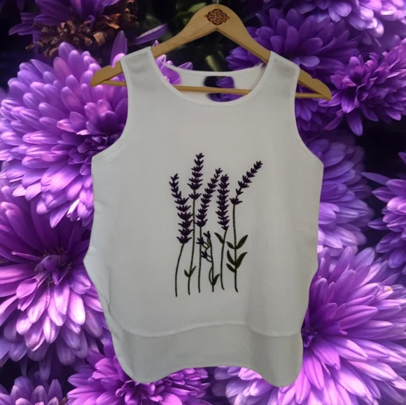 Embroidered Purple Heather Sleeveless Garden Girl Cottage Core  Top Size Medium - Picture 4 of 7